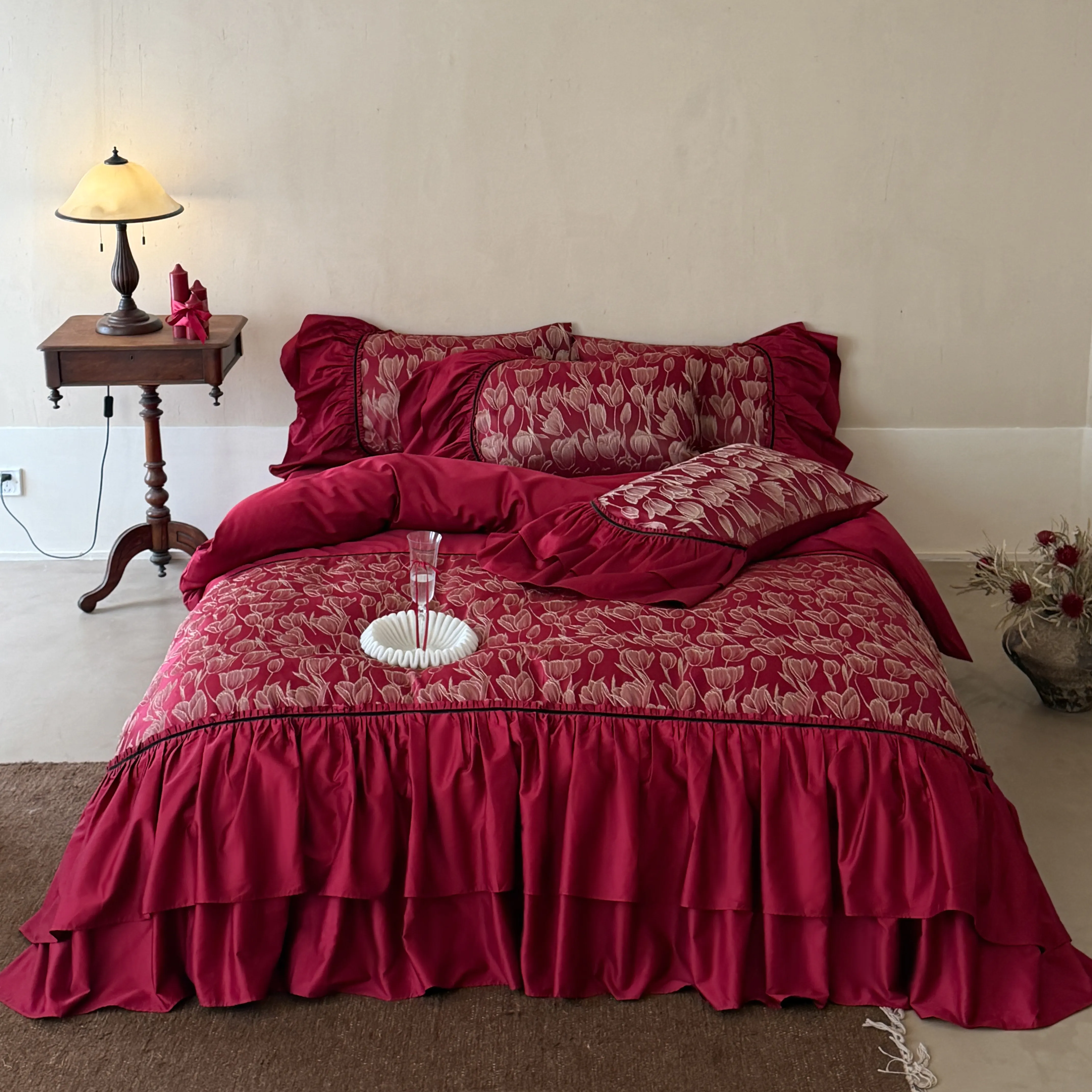 Vintage Ruby Red Golden Tulip Floral Embroidery Burgundy Duvet Cover Set01