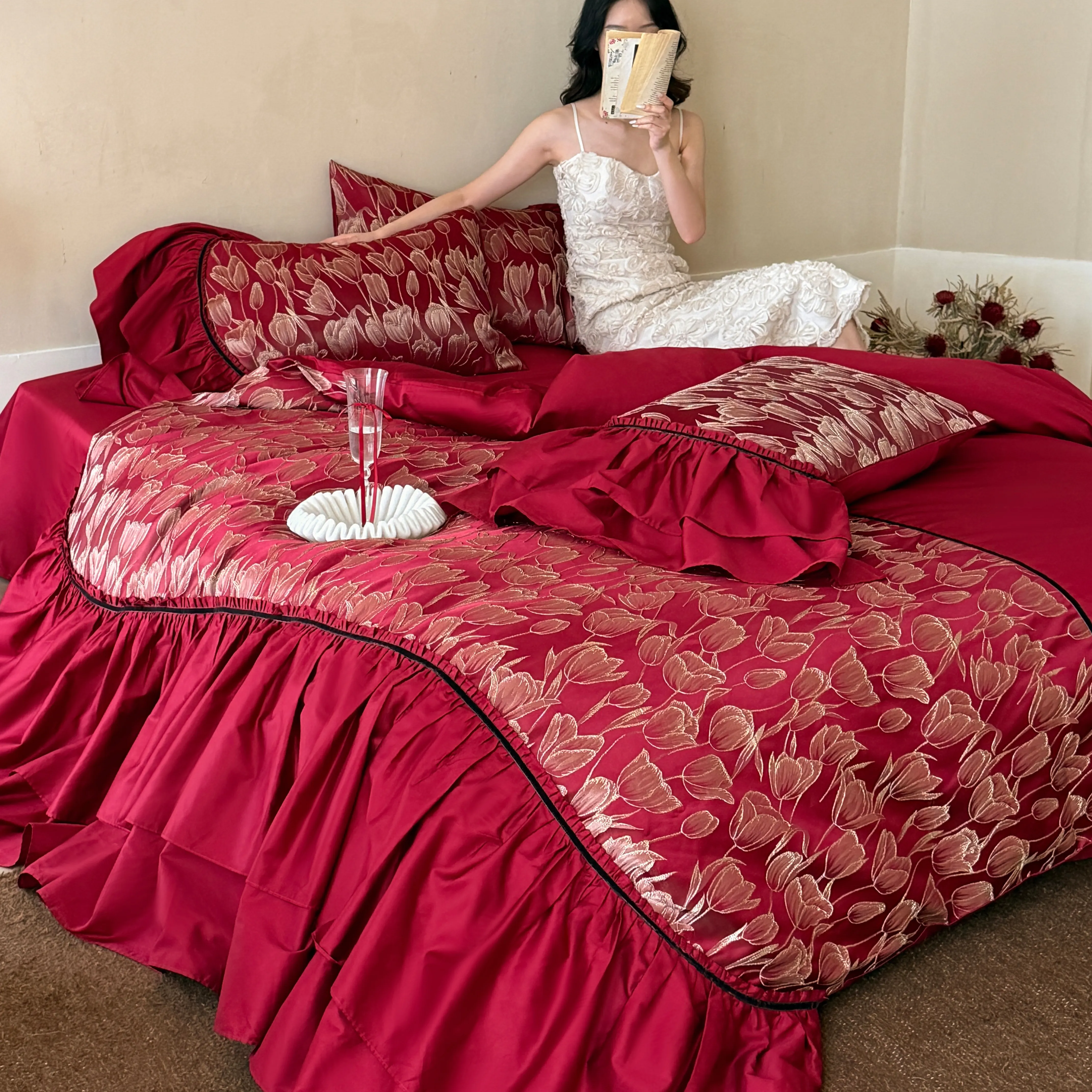 Vintage Ruby Red Golden Tulip Floral Embroidery Burgundy Duvet Cover Set02