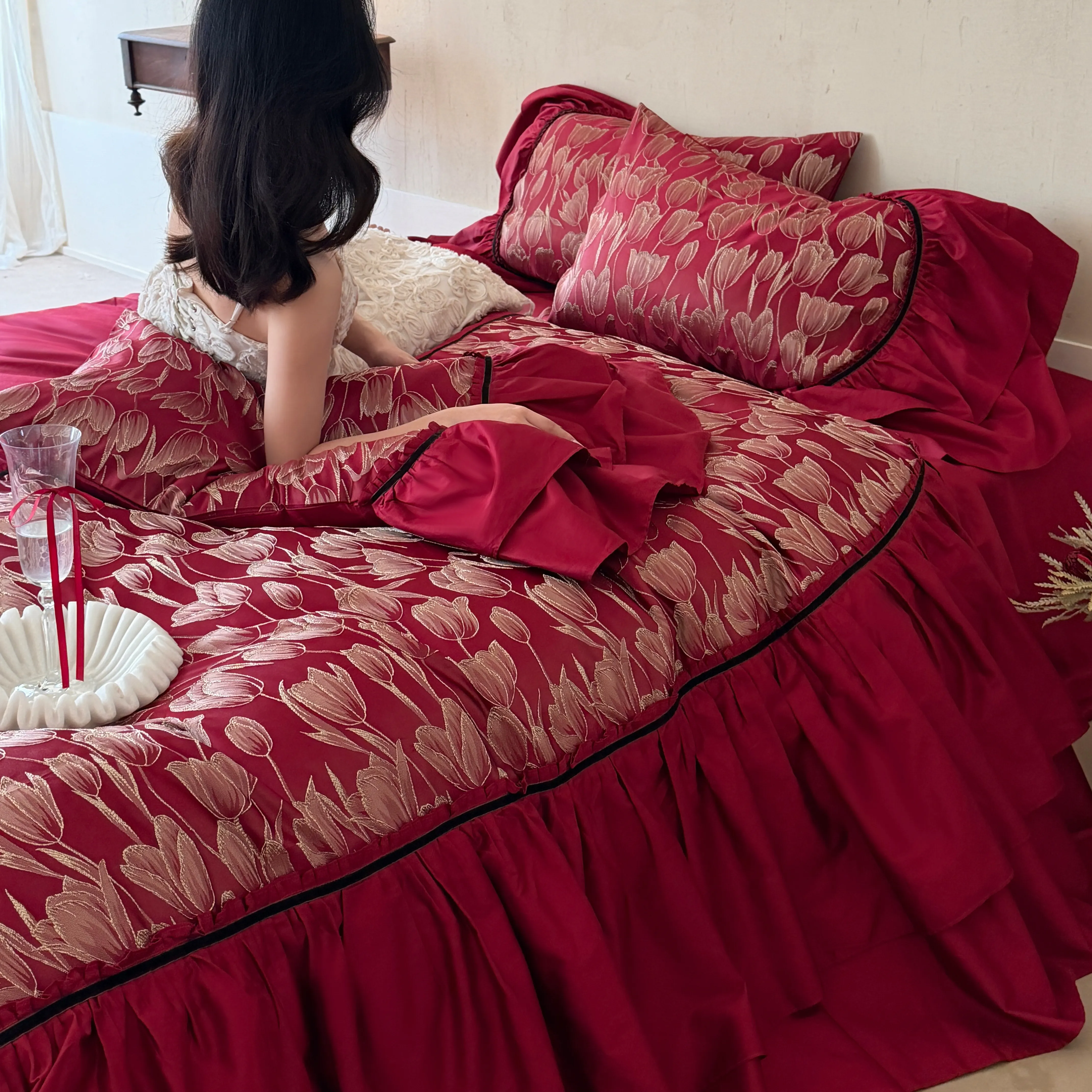 Vintage Ruby Red Golden Tulip Floral Embroidery Burgundy Duvet Cover Set04 Vintage Ruby Red Golden Tulip Floral Embroidery Burgundy Duvet Cover Set04