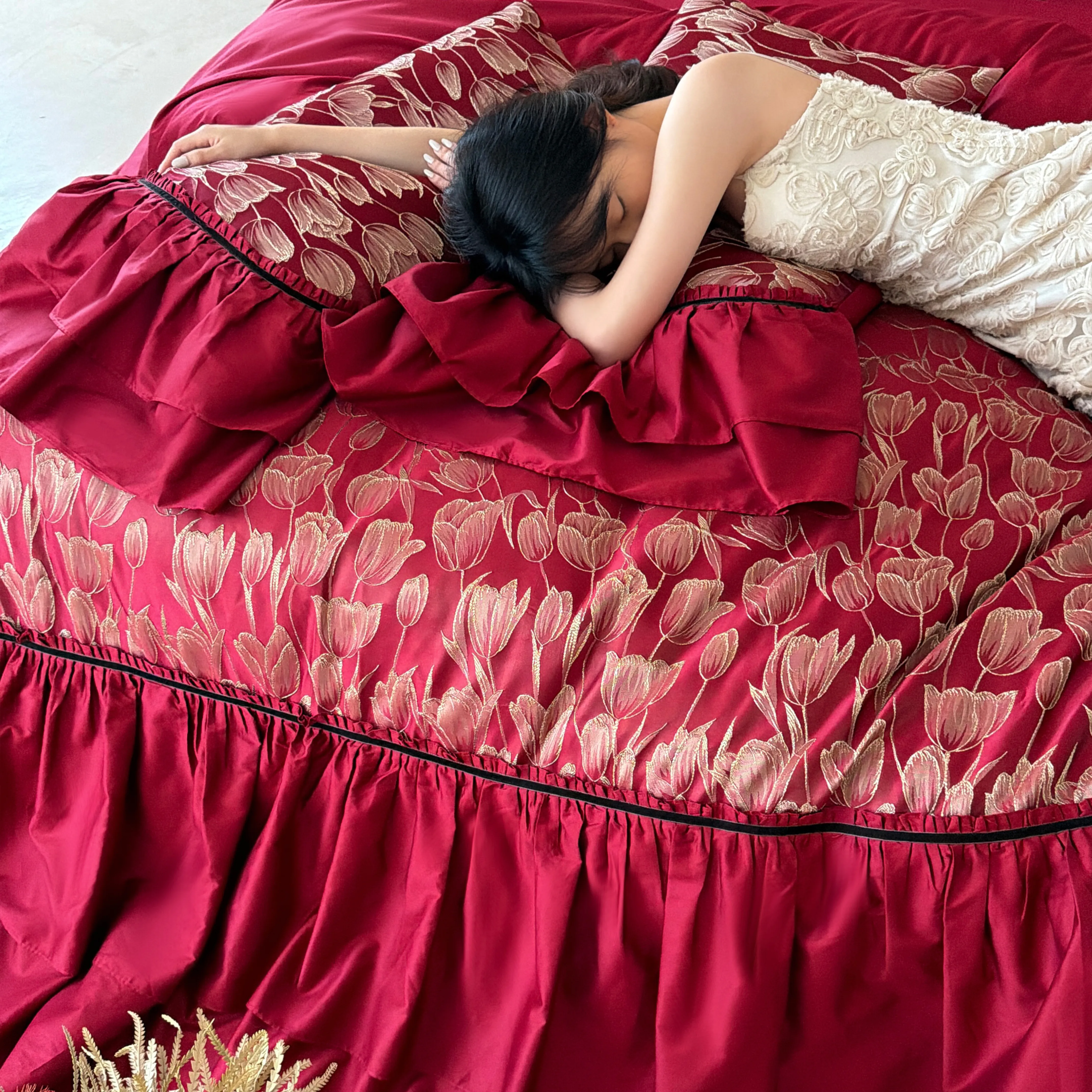 Vintage Ruby Red Golden Tulip Floral Embroidery Burgundy Duvet Cover Set05 Vintage Ruby Red Golden Tulip Floral Embroidery Burgundy Duvet Cover Set05
