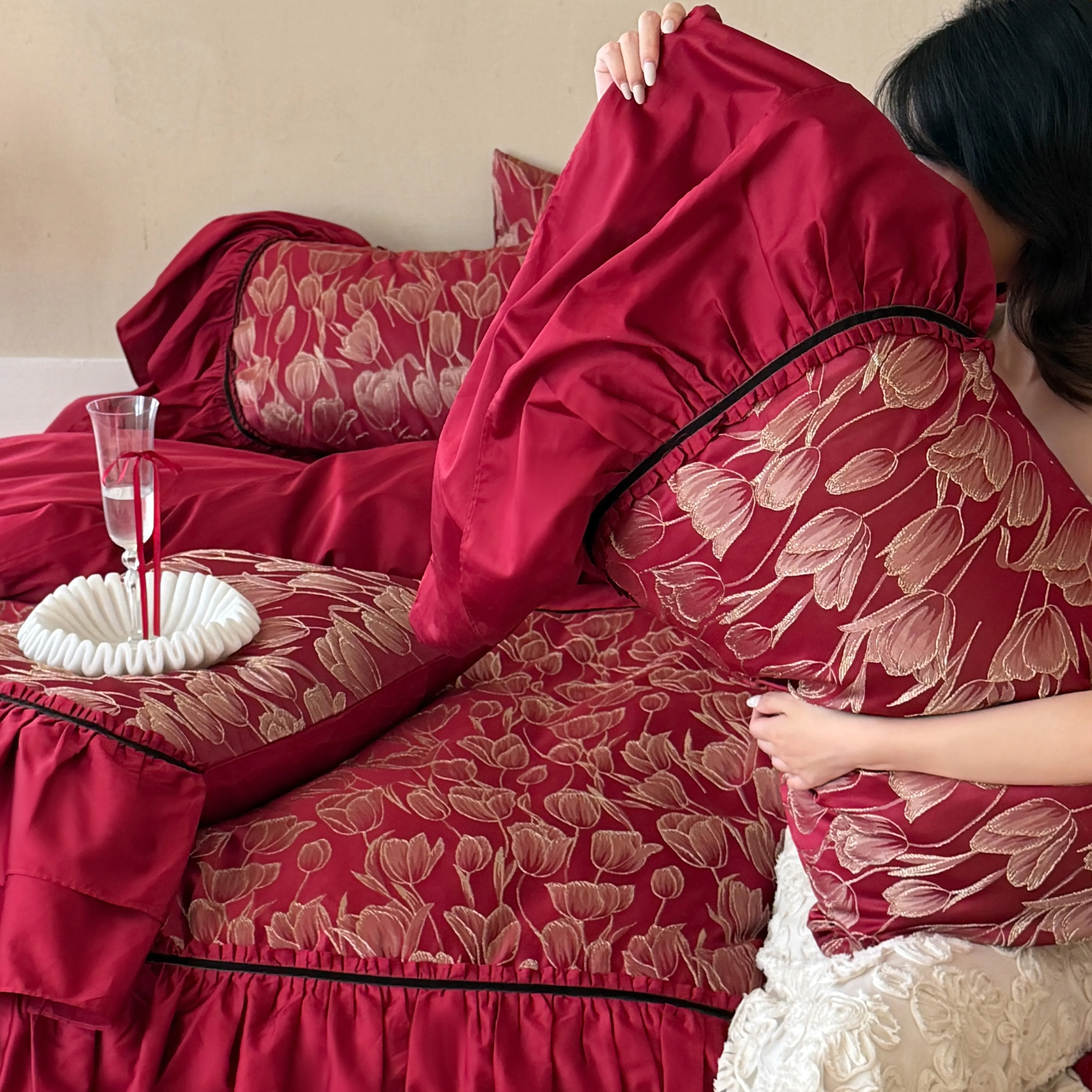 Vintage Ruby Red Golden Tulip Floral Embroidery Burgundy Duvet Cover Set06 Vintage Ruby Red Golden Tulip Floral Embroidery Burgundy Duvet Cover Set06
