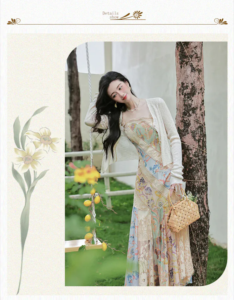 Artistic-Apricot-Floral-Irregular-Patchwork-Lace-Mermaid-Dress-with-Cardigan-Set10