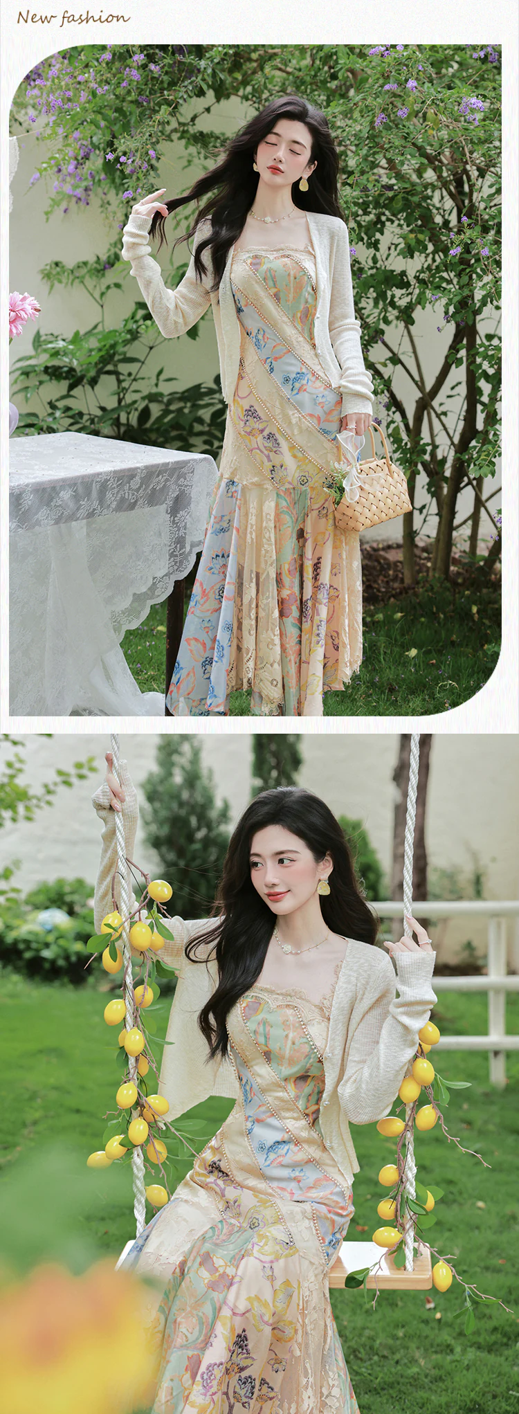 Artistic-Apricot-Floral-Irregular-Patchwork-Lace-Mermaid-Dress-with-Cardigan-Set13