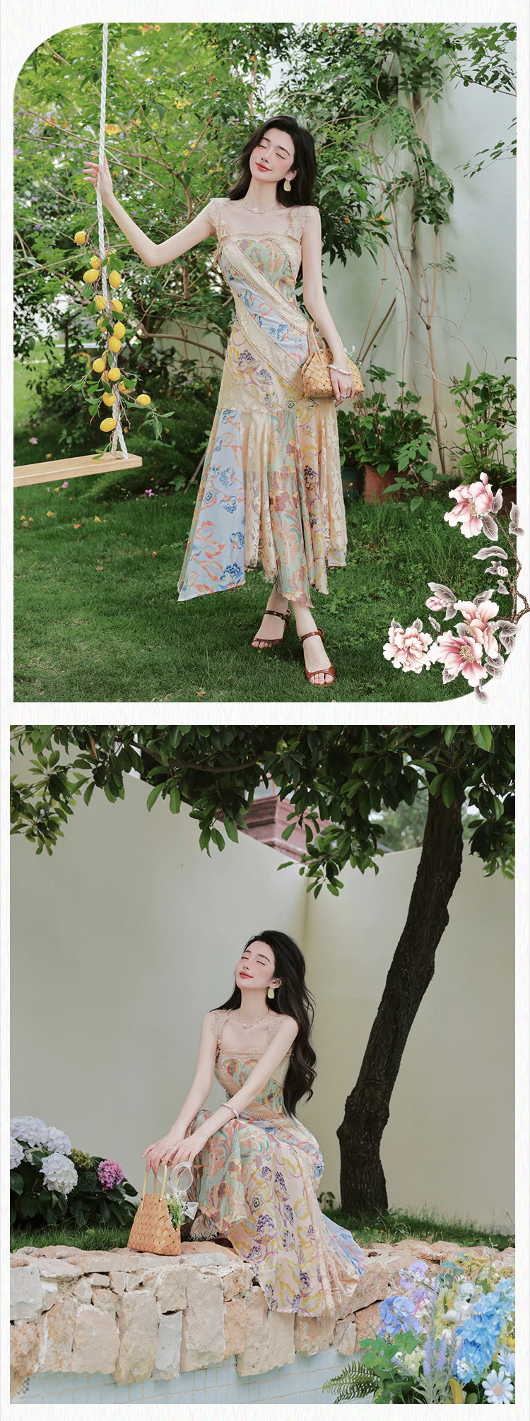 Artistic-Apricot-Floral-Irregular-Patchwork-Lace-Mermaid-Dress-with-Cardigan-Set15