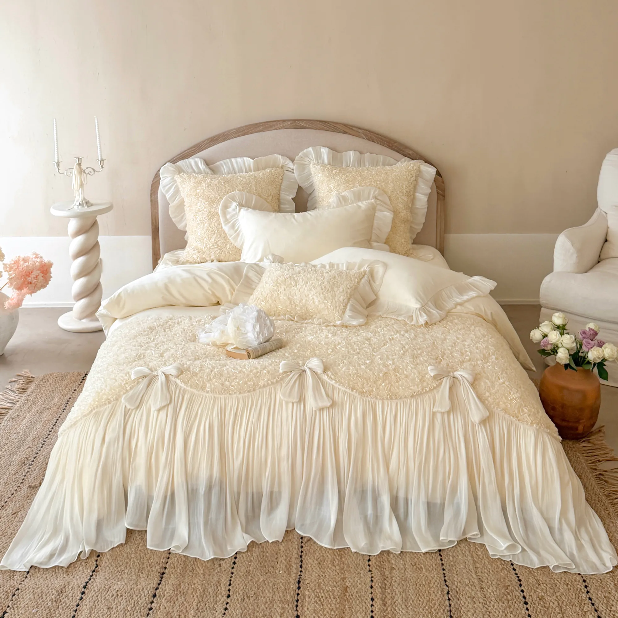 Romantic French Princess 100S Long Staple Cotton Pleated Skirt 4 Piece Set01