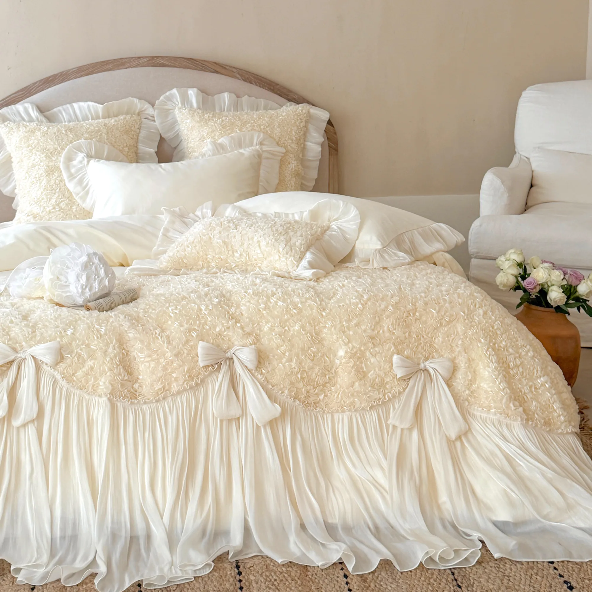 Romantic French Princess 100S Long Staple Cotton Pleated Skirt 4 Piece Set02