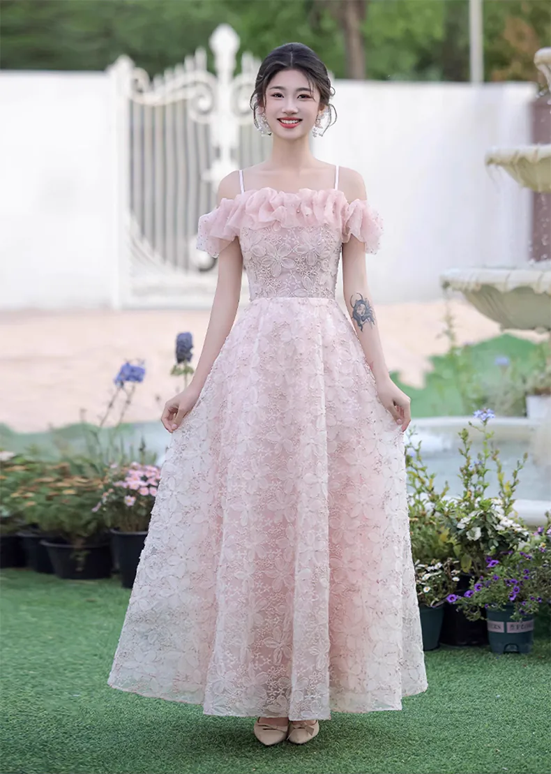 Chic-Soft-Pink-Off-Shoulder-Ruffle-Neck-Tie-straps-Floral-Tulle-Evening-Dress09