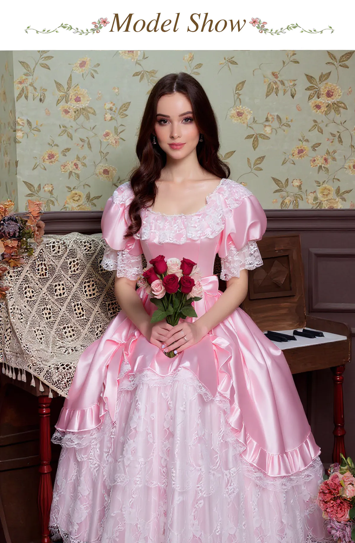 Victorian Pink Puff Sleeve Tiered Skirt Lace Trim Satin Prom Party Dress (Size: S) Victorian Pink Puff Sleeve Tiered Skirt Lace Trim Satin Prom Party Dress (Size: S)