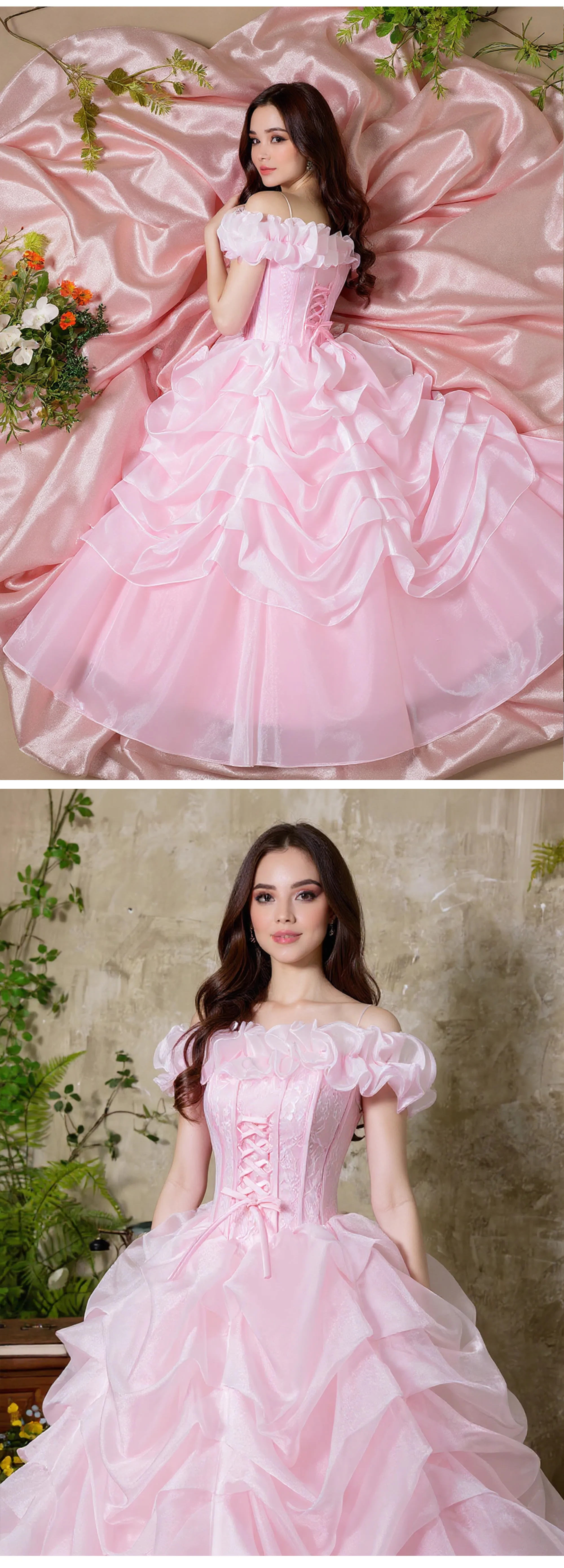 Vintage-Pink-Off-Shoulder-Ruffle-Edge-Tiered-Skirt-Tulle-Formal-Party-Dress09