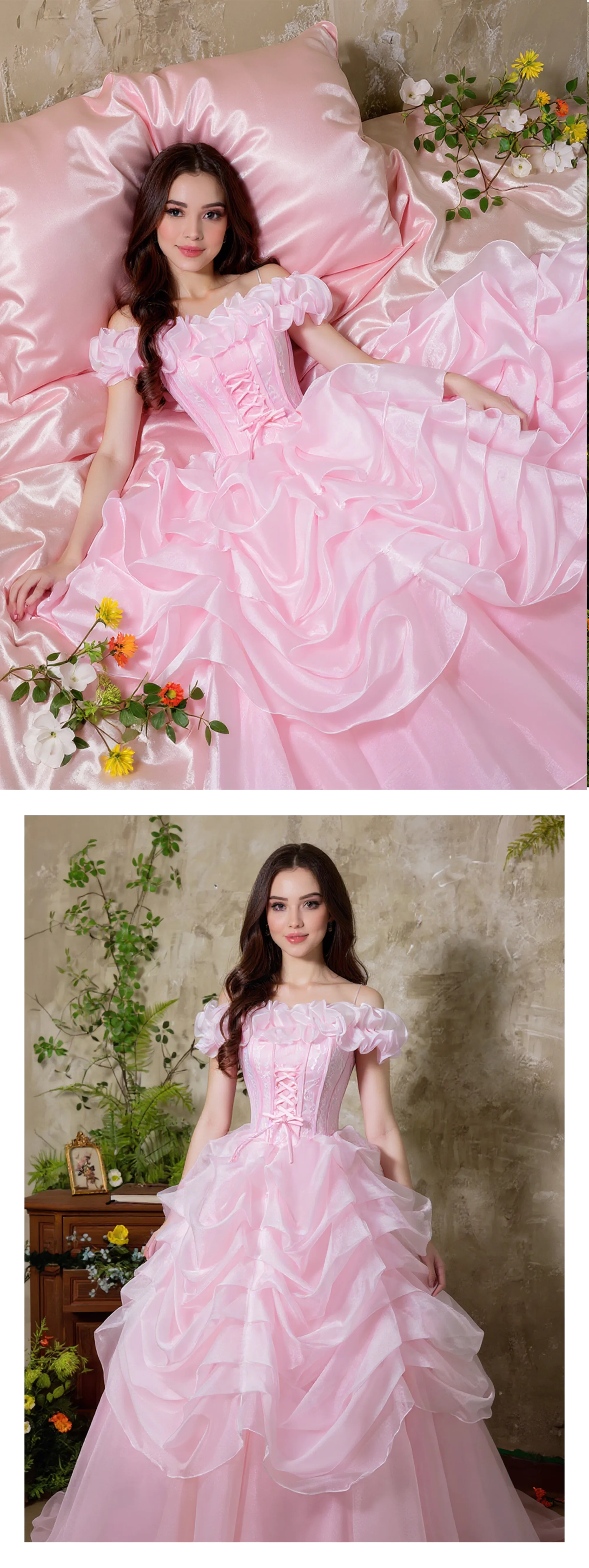 Vintage-Pink-Off-Shoulder-Ruffle-Edge-Tiered-Skirt-Tulle-Formal-Party-Dress10