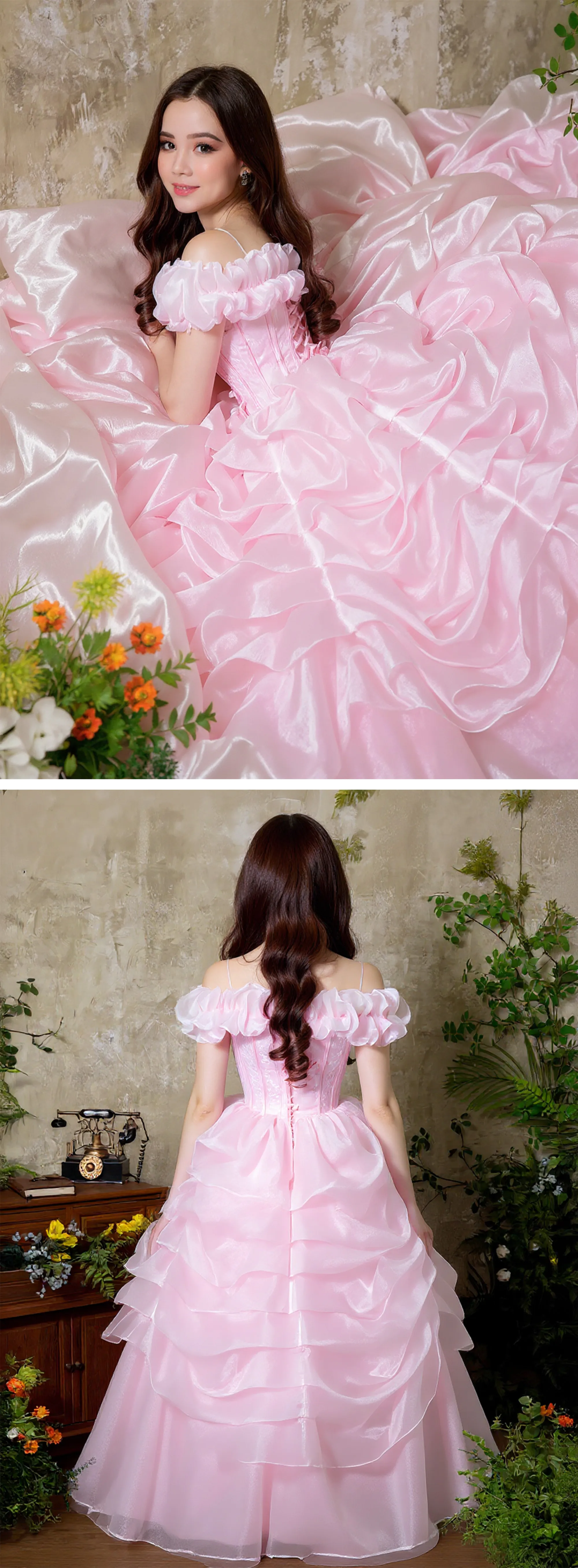 Vintage-Pink-Off-Shoulder-Ruffle-Edge-Tiered-Skirt-Tulle-Formal-Party-Dress11