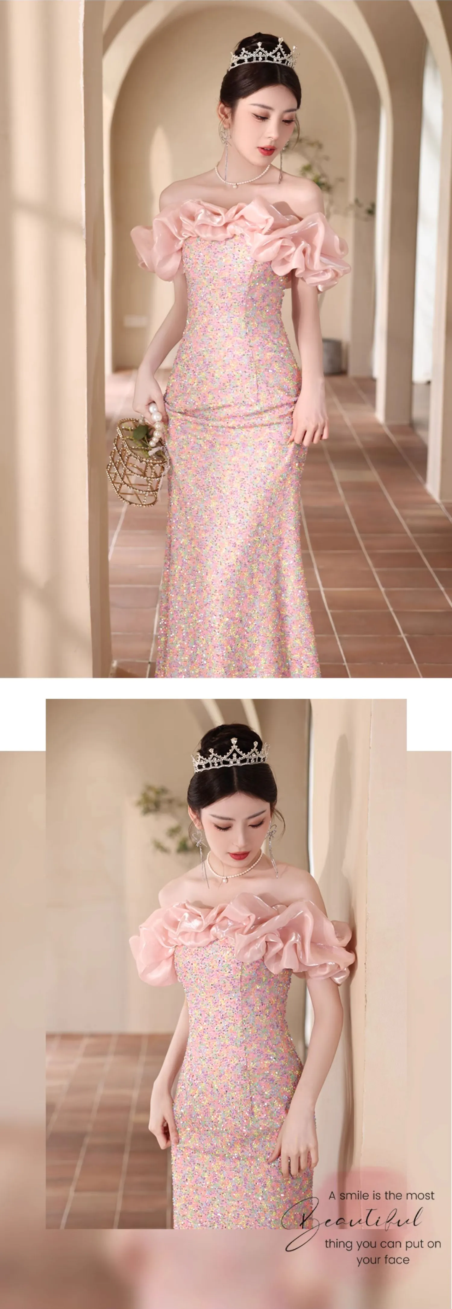 Elegant-Pink-Off-Shoulder-Ruffle-Sparkly-Sequin-Fishtail-Evening-Dress11