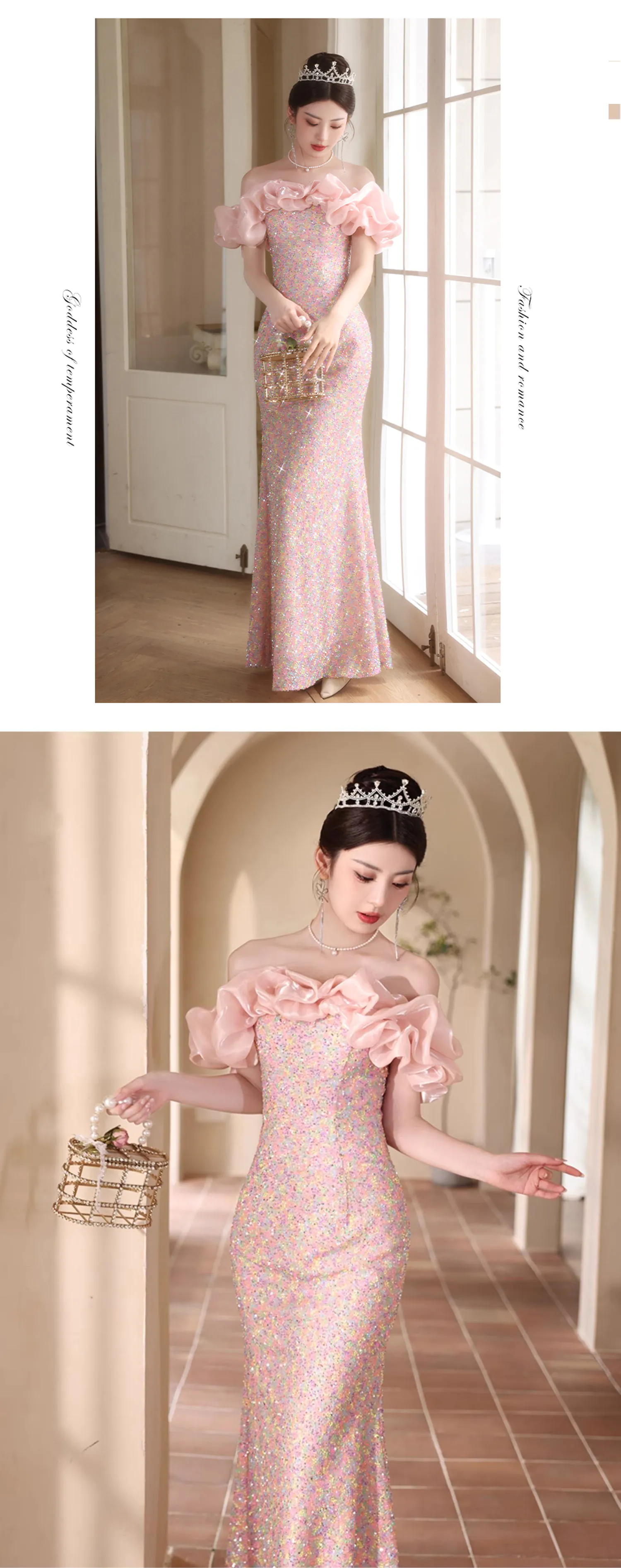 Elegant-Pink-Off-Shoulder-Ruffle-Sparkly-Sequin-Fishtail-Evening-Dress12