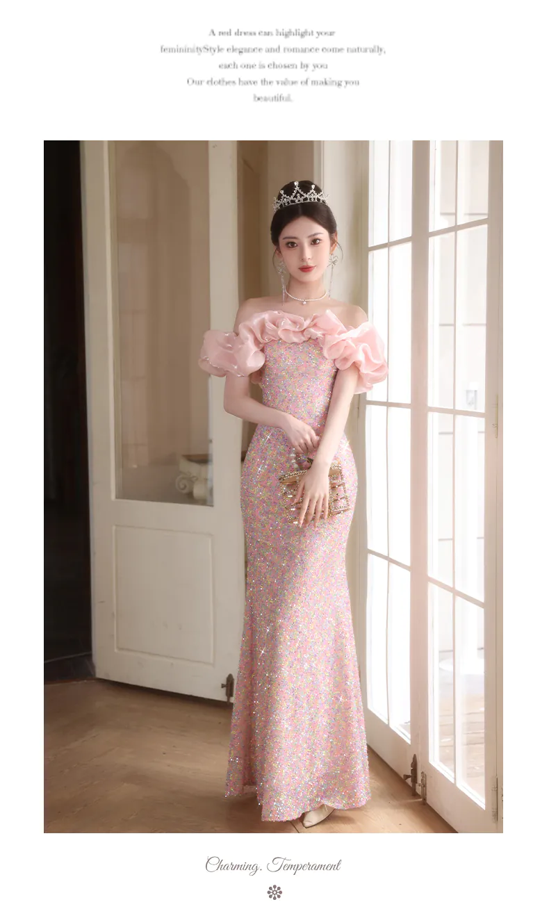 Elegant-Pink-Off-Shoulder-Ruffle-Sparkly-Sequin-Fishtail-Evening-Dress13