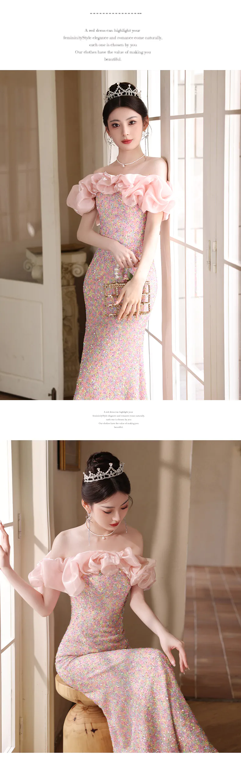 Elegant-Pink-Off-Shoulder-Ruffle-Sparkly-Sequin-Fishtail-Evening-Dress15