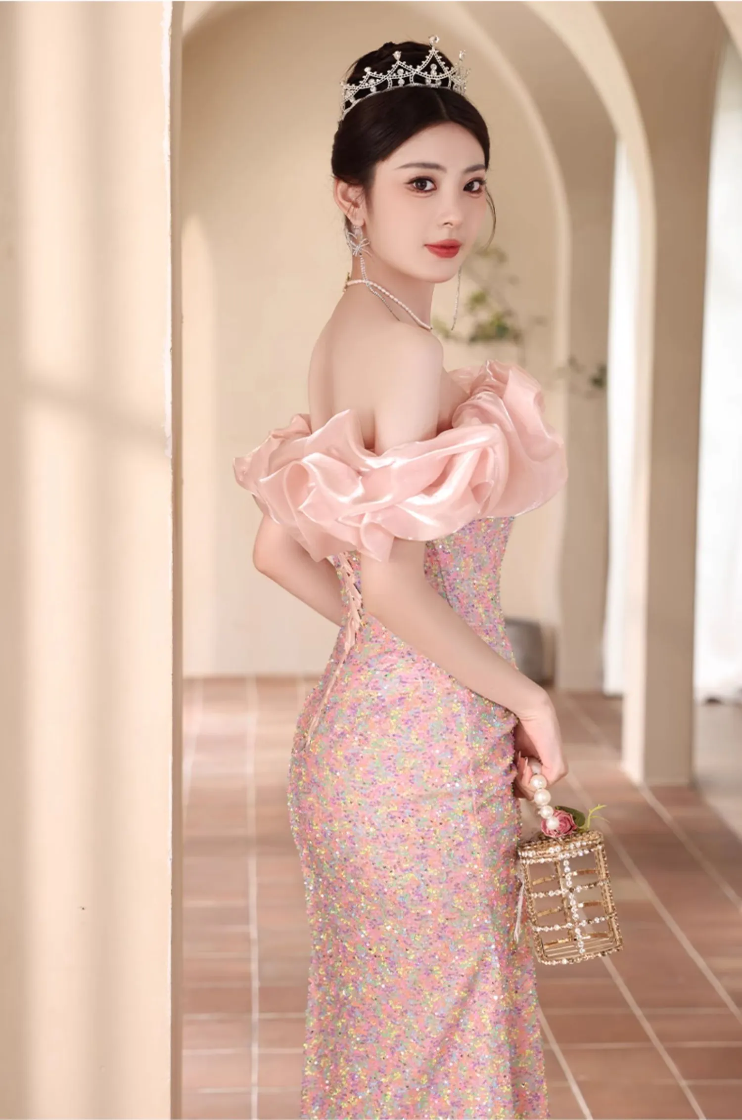 Elegant-Pink-Off-Shoulder-Ruffle-Sparkly-Sequin-Fishtail-Evening-Dress16