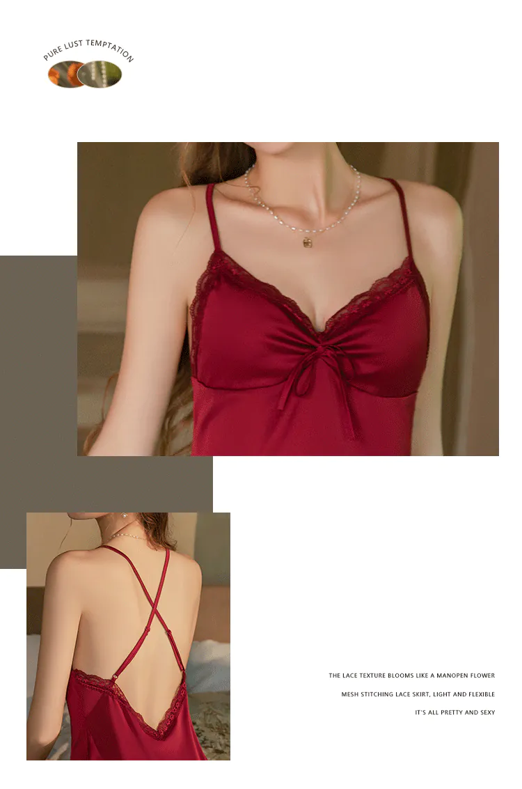 Sensual-Female-Burgundy-Deep-V-Neck-Lace-Trim-Satin-Sleeping-Nightgown08