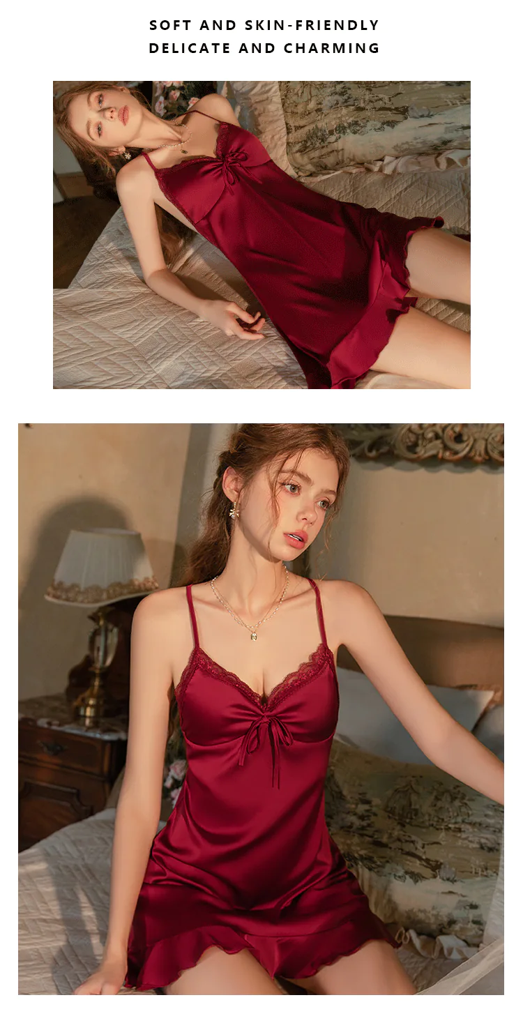 Sensual-Female-Burgundy-Deep-V-Neck-Lace-Trim-Satin-Sleeping-Nightgown11