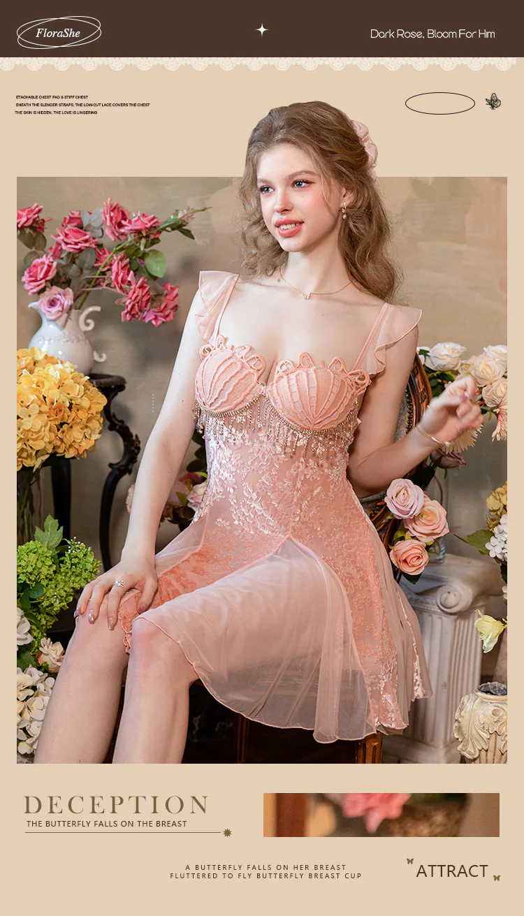 Coquette-Pink-Deep-V-Neck-Scalloped-Bust-Backless-Home-Lingerie-Dress07