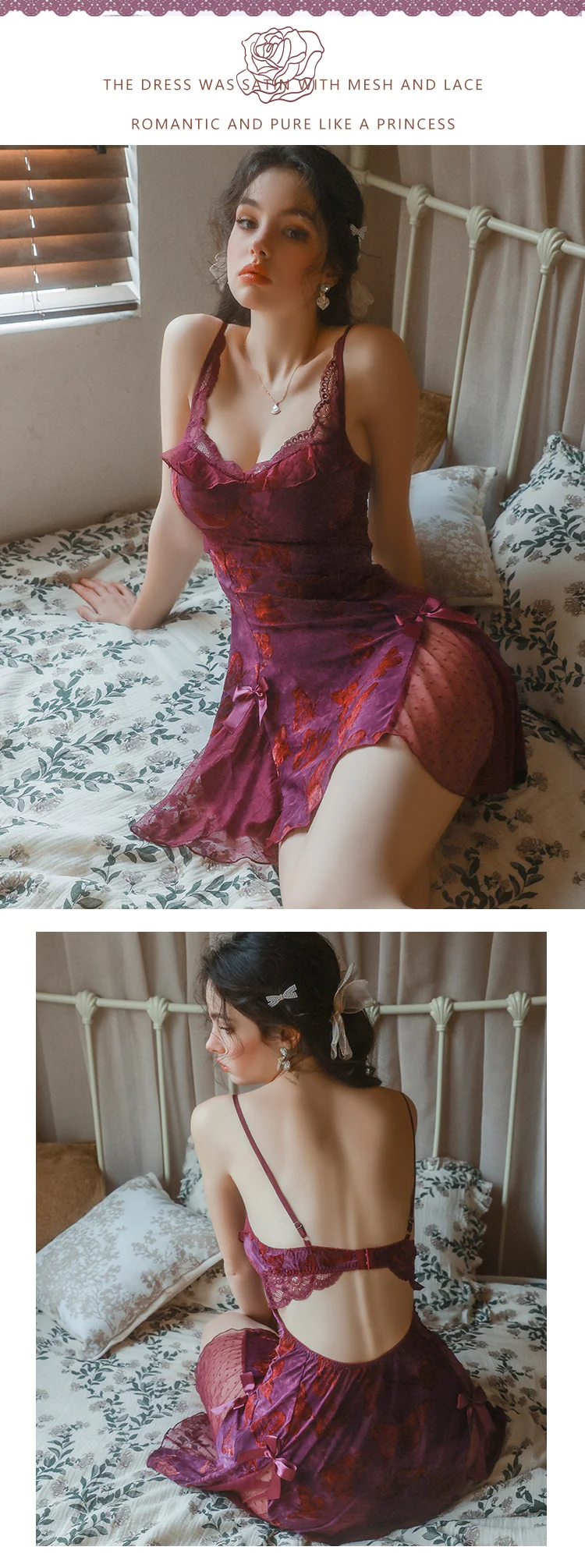 Girly-Low-Cut-Butterfly-Print-Flocked-Velvet-Lace-Backless-Slip-Nightgown08