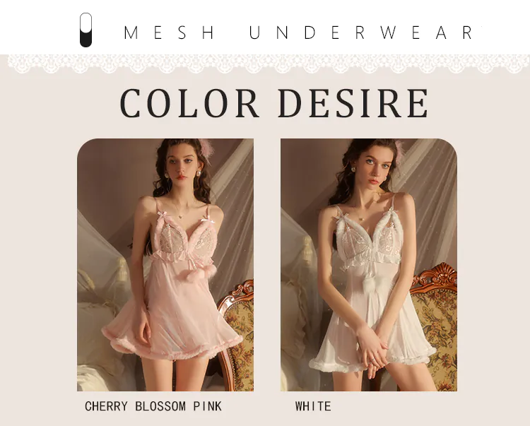 Ladies-V-Neck-Sheer-Mesh-Fluffy-Fur-Trim-Babydoll-Lingerie-Nightgown11