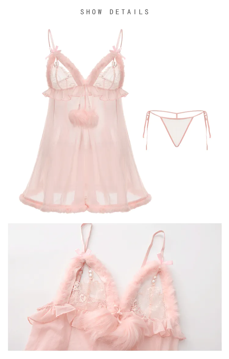 Ladies-V-Neck-Sheer-Mesh-Fluffy-Fur-Trim-Babydoll-Lingerie-Nightgown18