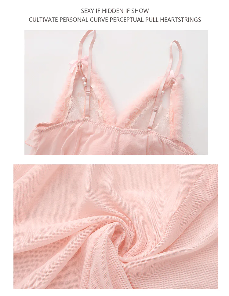 Ladies-V-Neck-Sheer-Mesh-Fluffy-Fur-Trim-Babydoll-Lingerie-Nightgown19