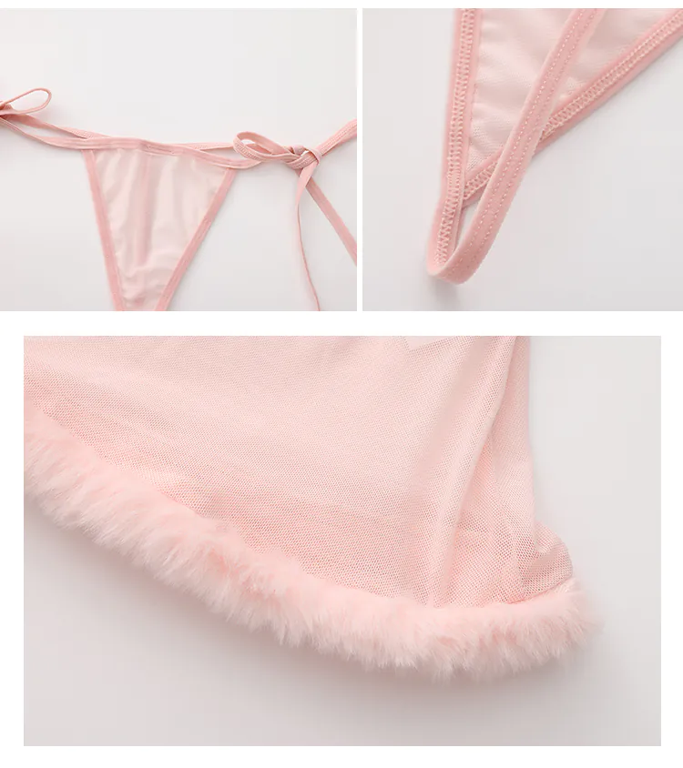Ladies-V-Neck-Sheer-Mesh-Fluffy-Fur-Trim-Babydoll-Lingerie-Nightgown20