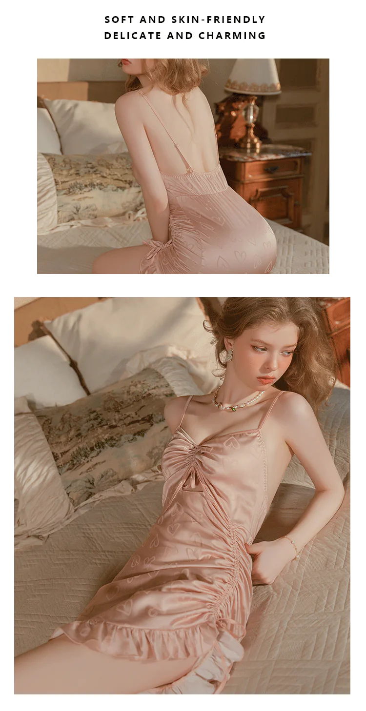Sweet-Flattering-Side-Ruching-Heart-Jacquard-Satin-Sleep-Dress-Nightgown10