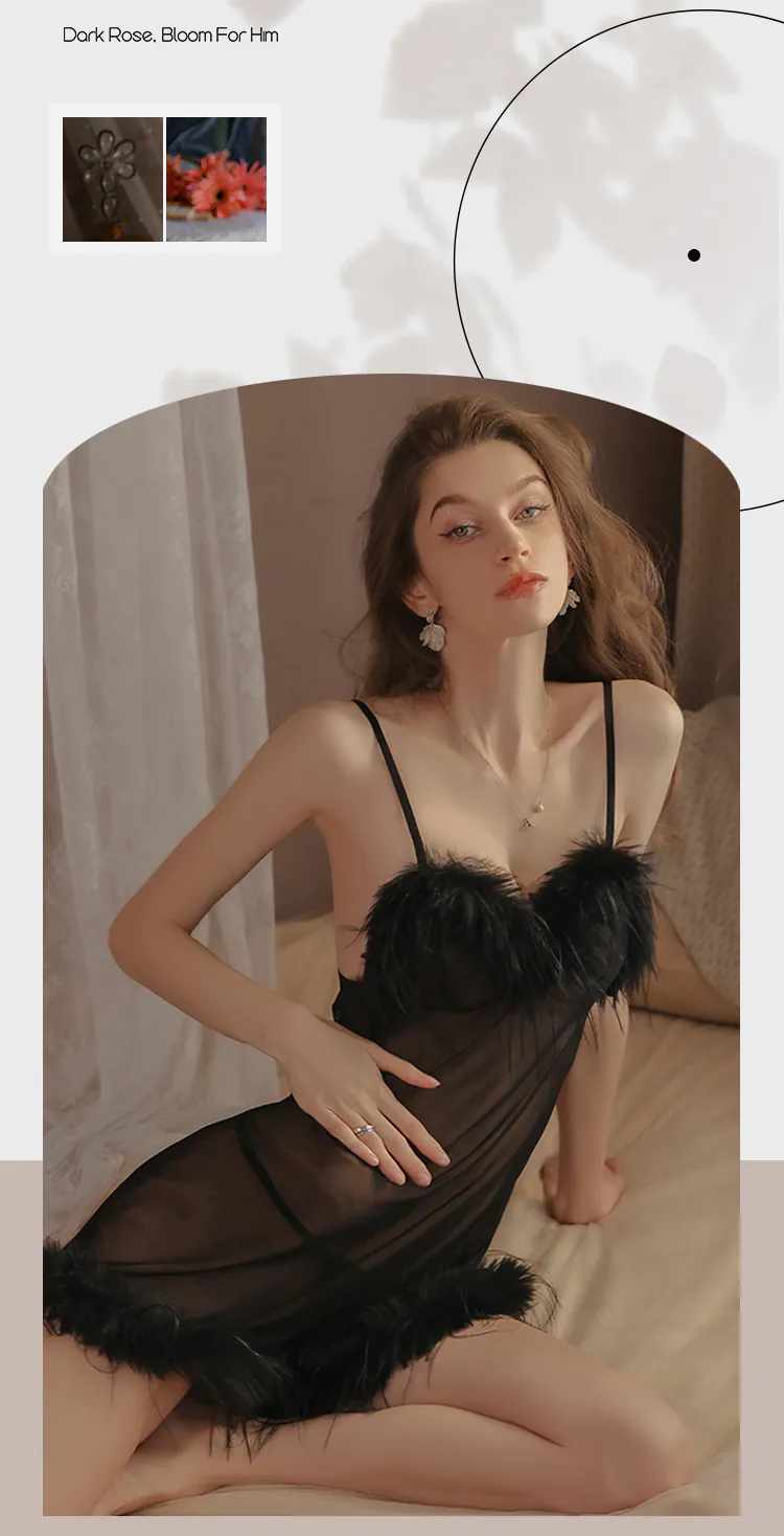 Ladies-Soft-Feather-Trim-Solid-Color-Slip-Lingerie-Babydoll-Nightgown10