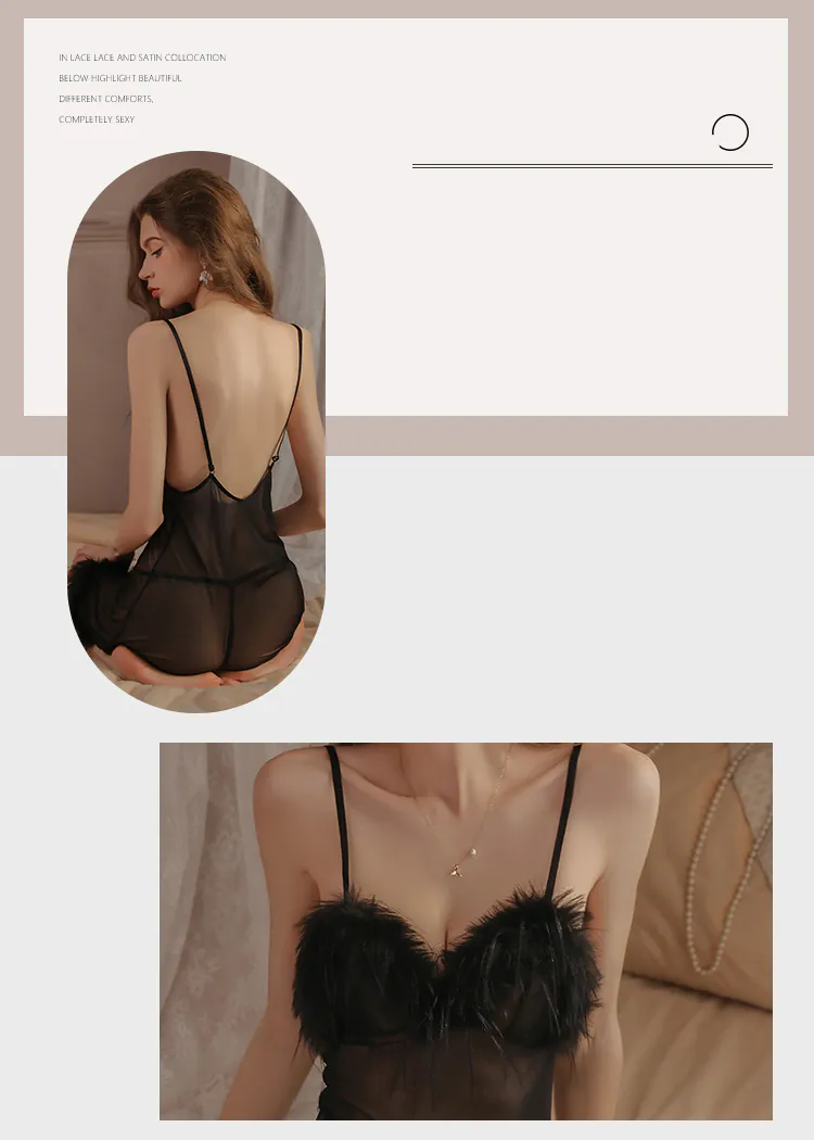 Ladies-Soft-Feather-Trim-Solid-Color-Slip-Lingerie-Babydoll-Nightgown11