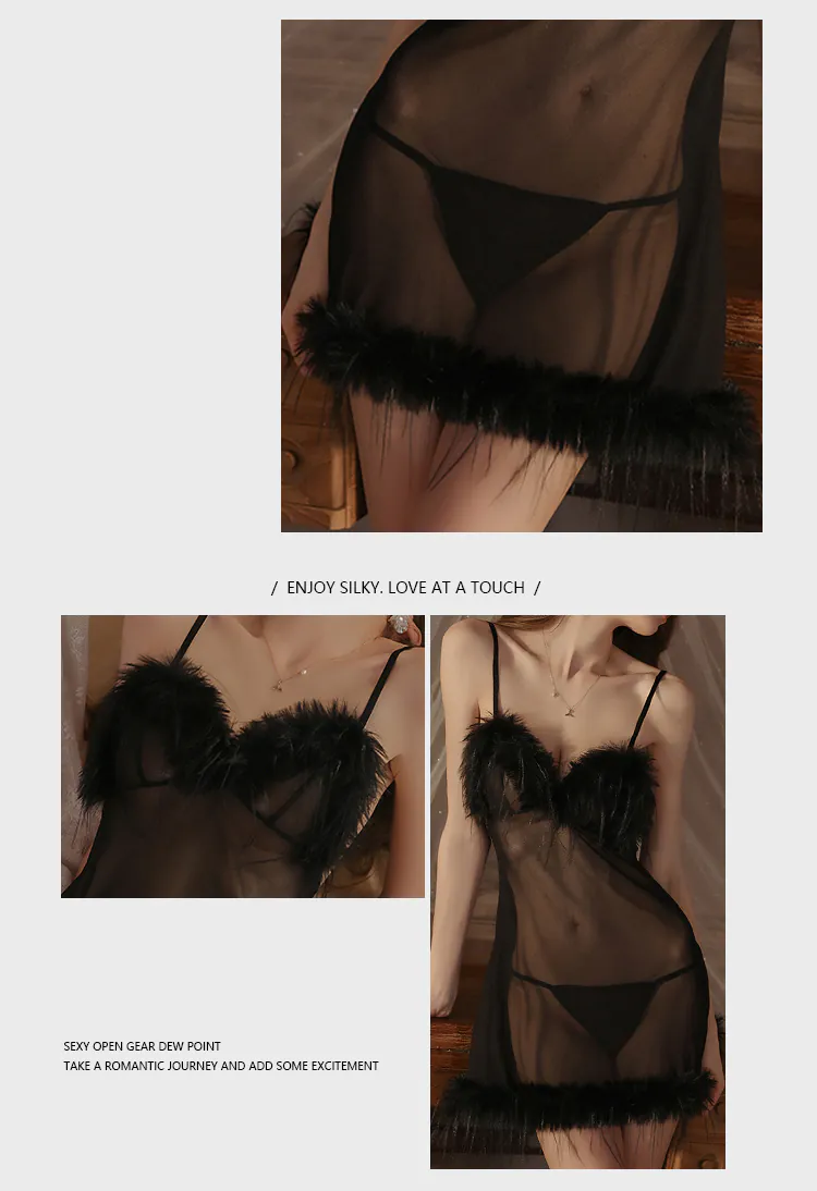 Ladies-Soft-Feather-Trim-Solid-Color-Slip-Lingerie-Babydoll-Nightgown12