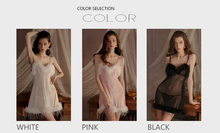 Ladies-Soft-Feather-Trim-Solid-Color-Slip-Lingerie-Babydoll-Nightgown13