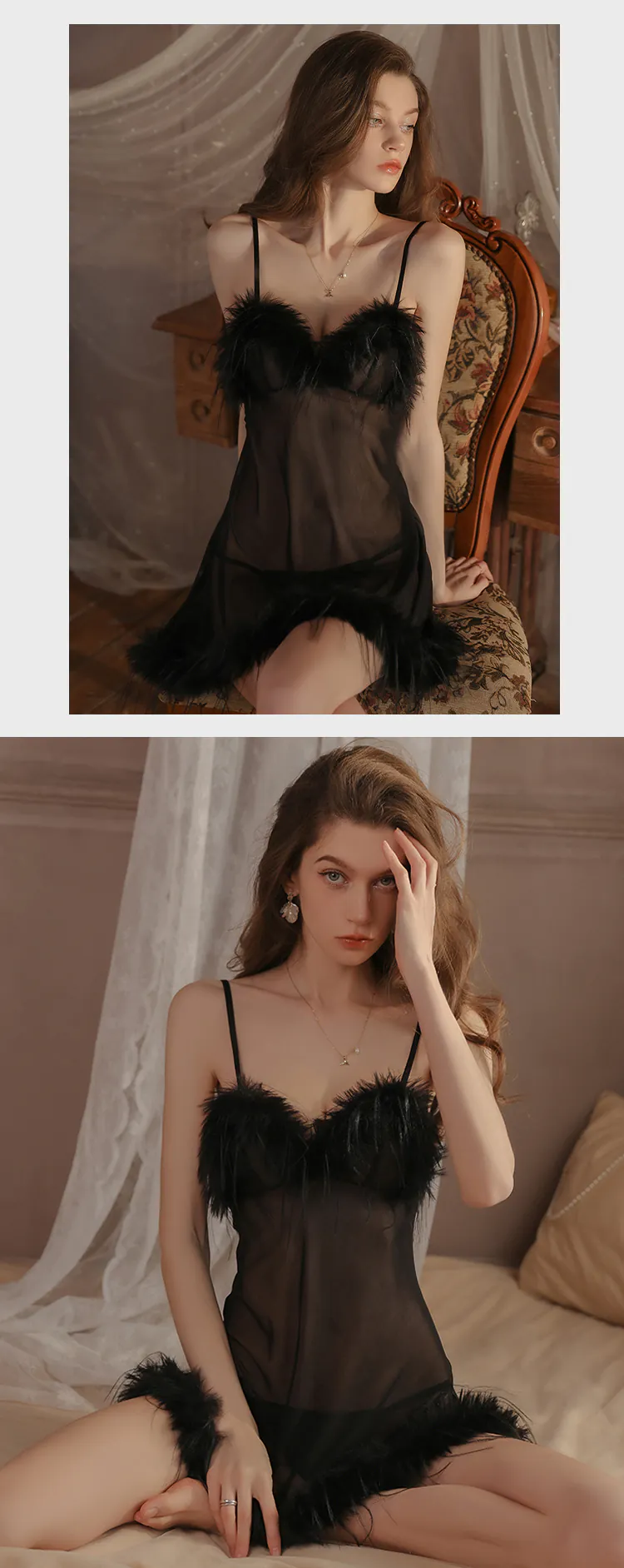 Ladies-Soft-Feather-Trim-Solid-Color-Slip-Lingerie-Babydoll-Nightgown16