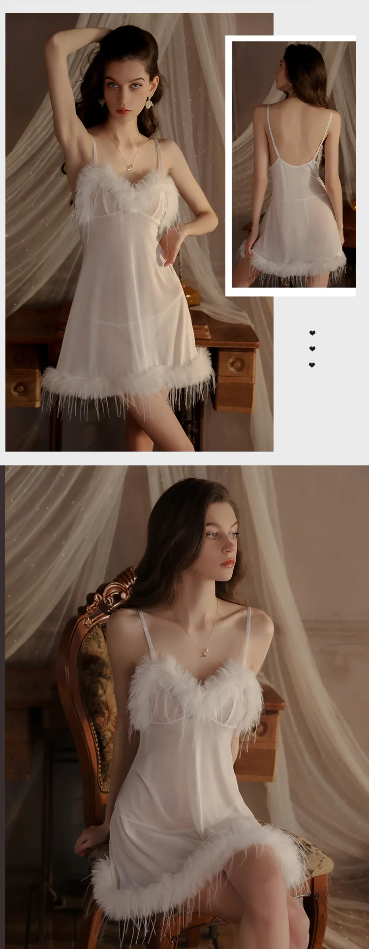 Ladies-Soft-Feather-Trim-Solid-Color-Slip-Lingerie-Babydoll-Nightgown18
