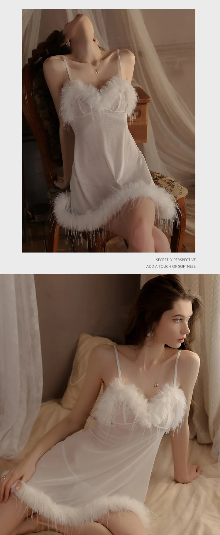 Ladies-Soft-Feather-Trim-Solid-Color-Slip-Lingerie-Babydoll-Nightgown19