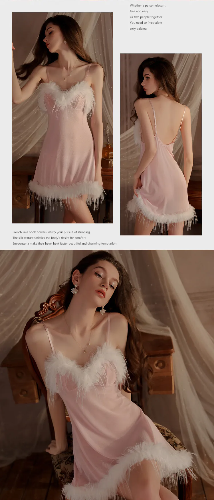 Ladies-Soft-Feather-Trim-Solid-Color-Slip-Lingerie-Babydoll-Nightgown21