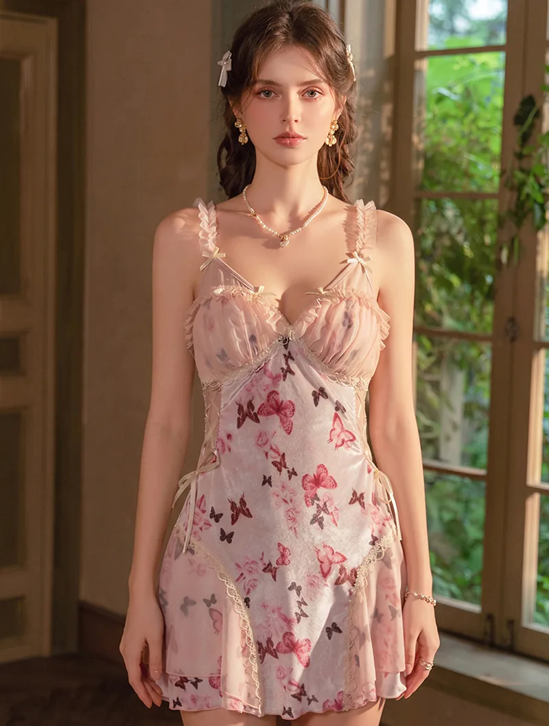 Romantic Pink Velvet Butterfly Print Padded Lace Lingerie Cami Nightgown01