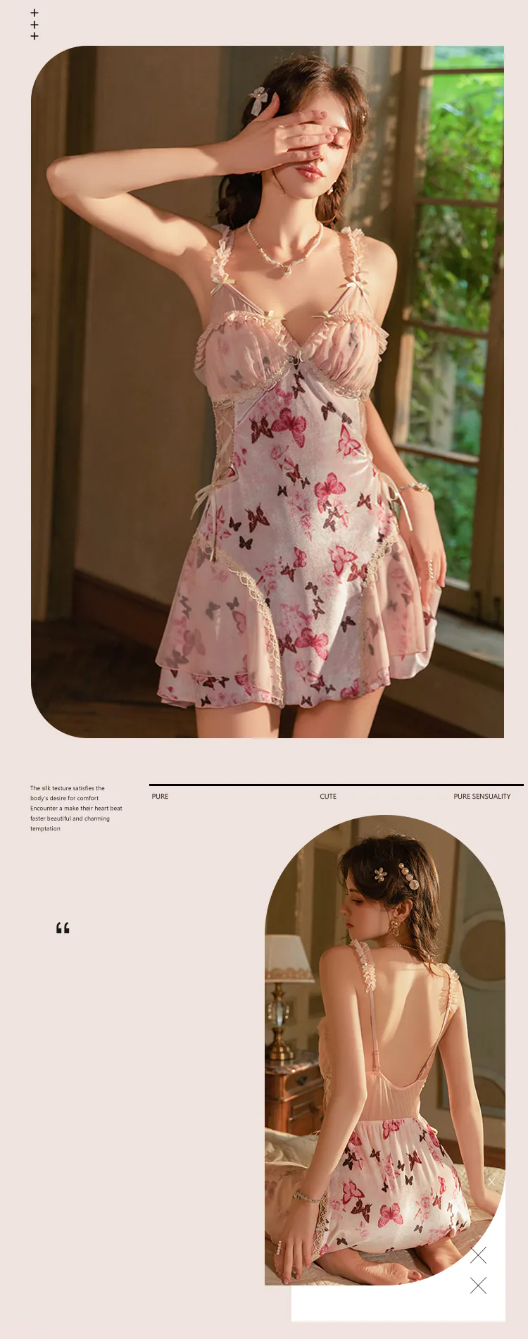 Romantic-Pink-Velvet-Butterfly-Print-Padded-Lace-Lingerie-Cami-Nightgown07