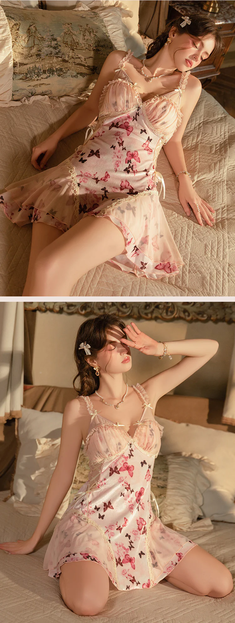 Romantic-Pink-Velvet-Butterfly-Print-Padded-Lace-Lingerie-Cami-Nightgown10