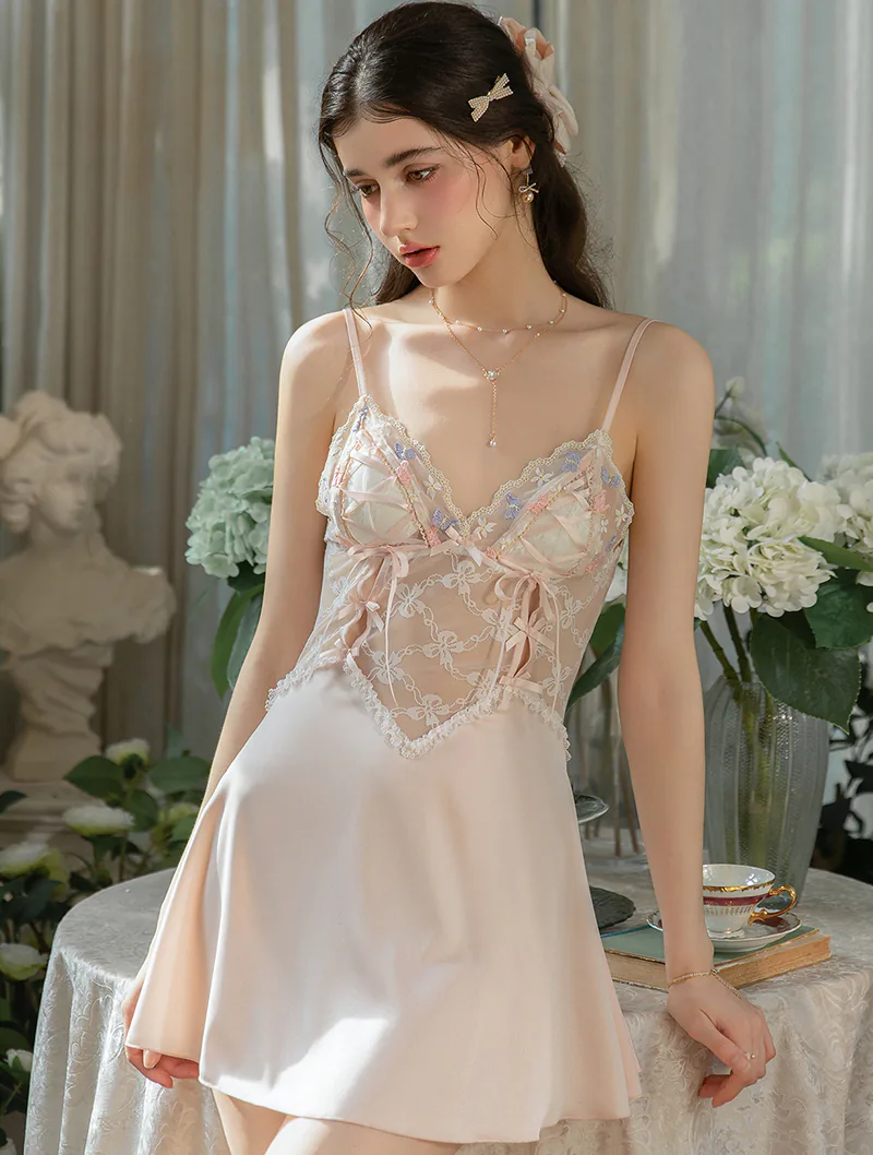 Backless Sheer Floral Embroidered Lace Splicing Tie Back Sleepwear Nightgown01