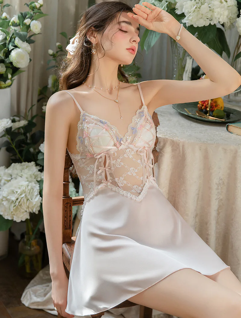Backless Sheer Floral Embroidered Lace Splicing Tie Back Sleepwear Nightgown02