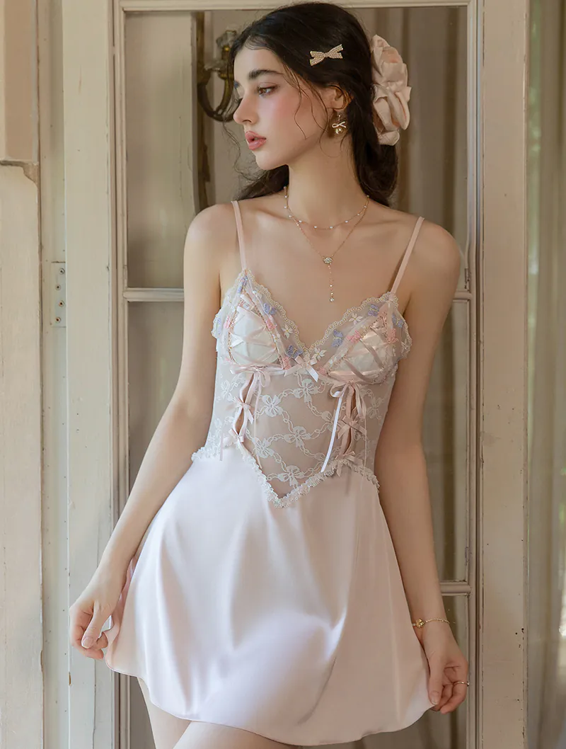 Backless Sheer Floral Embroidered Lace Splicing Tie-Back Sleepwear Nightgown05 Backless Sheer Floral Embroidered Lace Splicing Tie Back Sleepwear Nightgown05