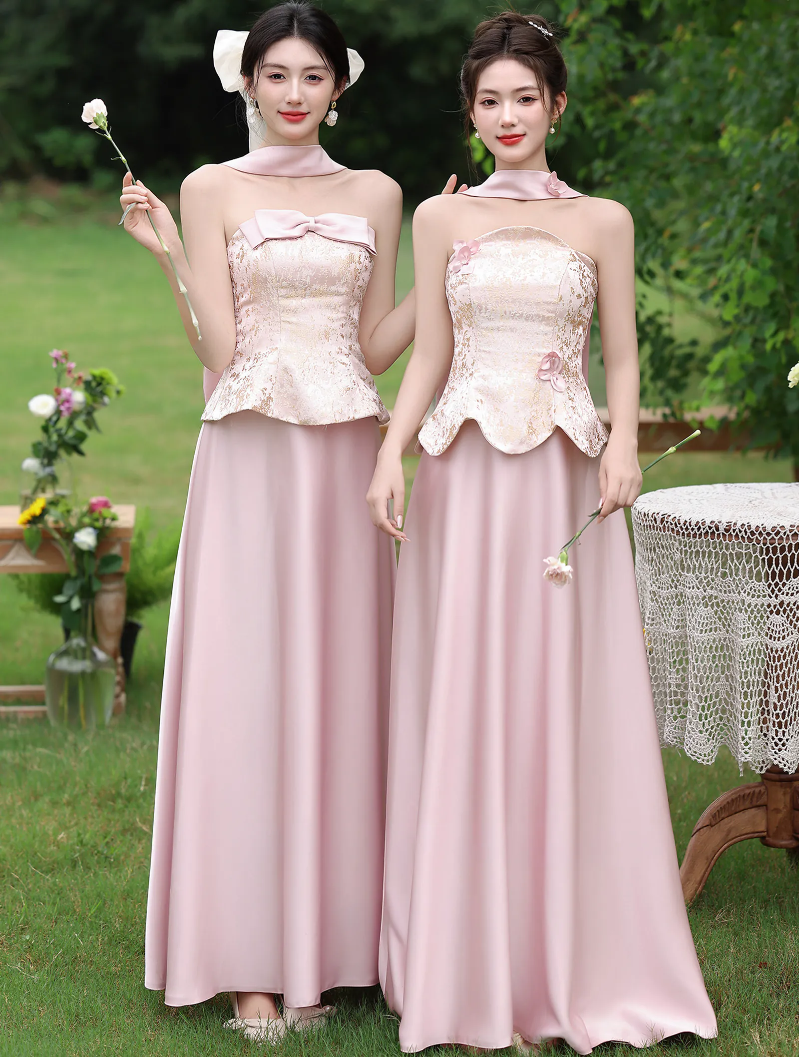 Blush Pink Jacquard Peplum Bodice Satin Wedding Guest Bridal Party Dress01