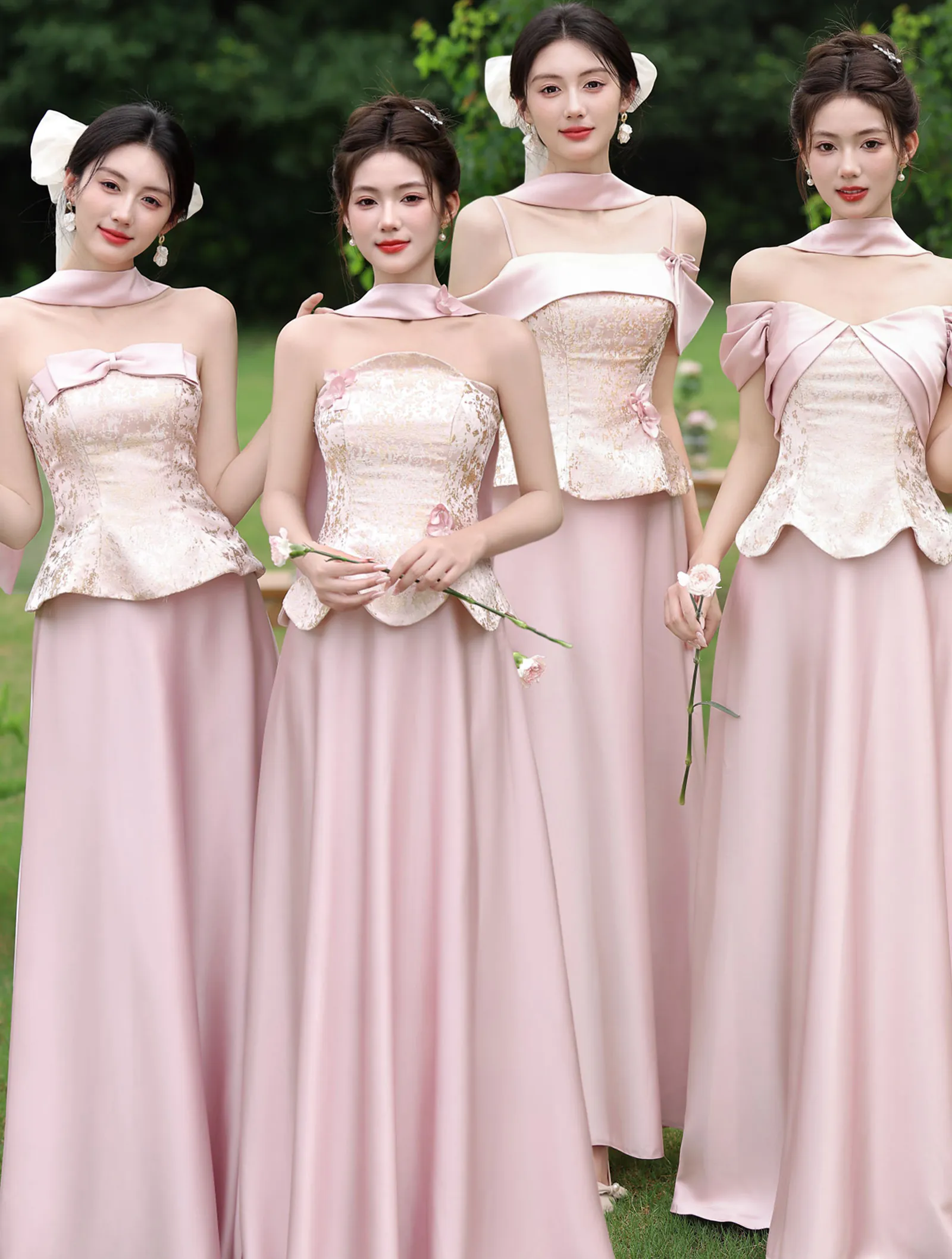 Blush Pink Jacquard Peplum Bodice Satin Wedding Guest Bridal Party Dress02