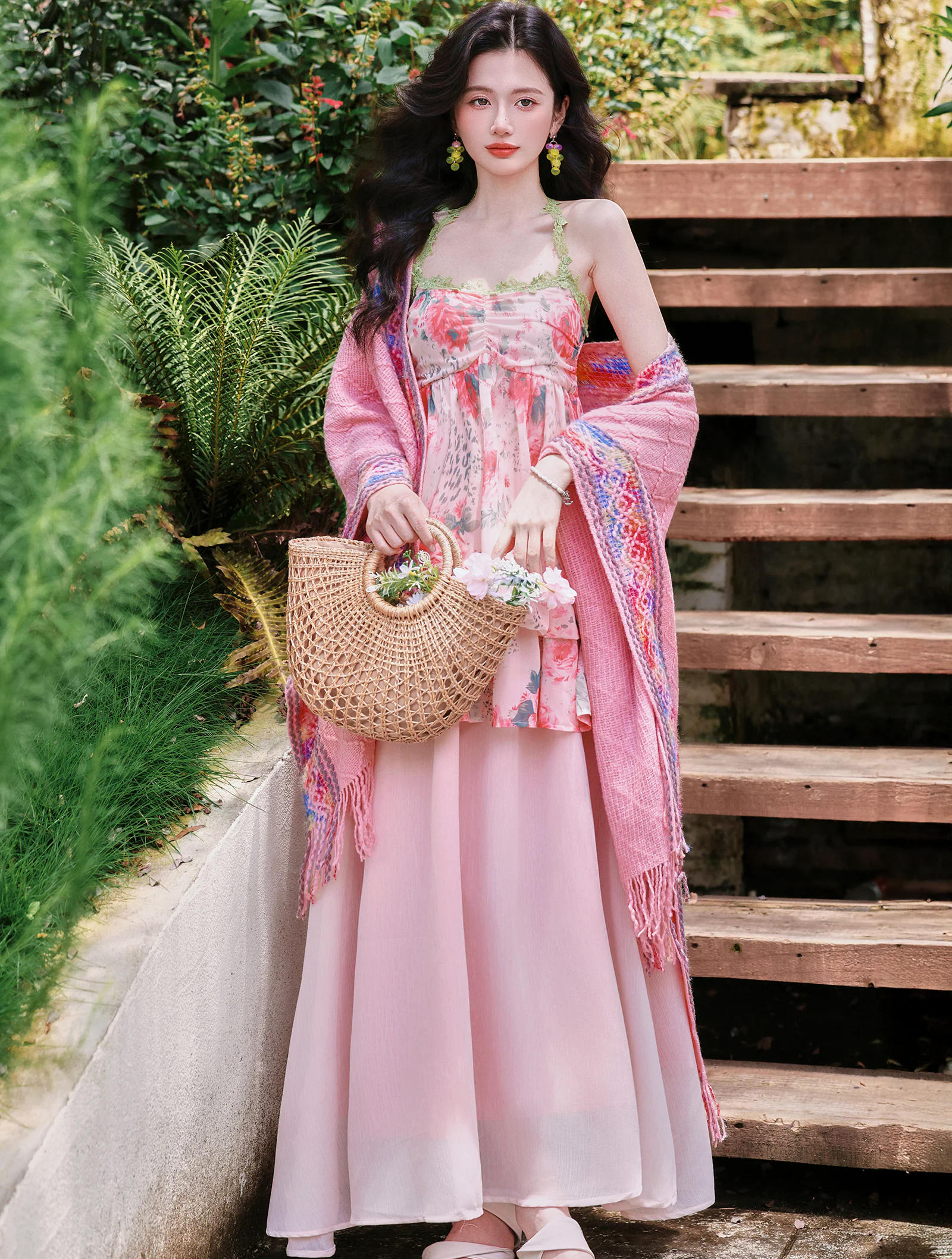 Bohemian Pink Watercolor Floral Print Slip Dress with Fringed Shawl Set01 Bohemian Pink Watercolor Floral Print Slip Dress with Fringed Shawl Set01