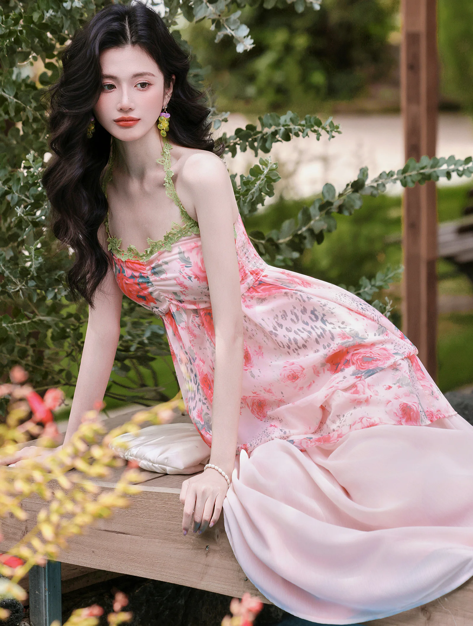 Bohemian Pink Watercolor Floral Print Slip Dress with Fringed Shawl Set02