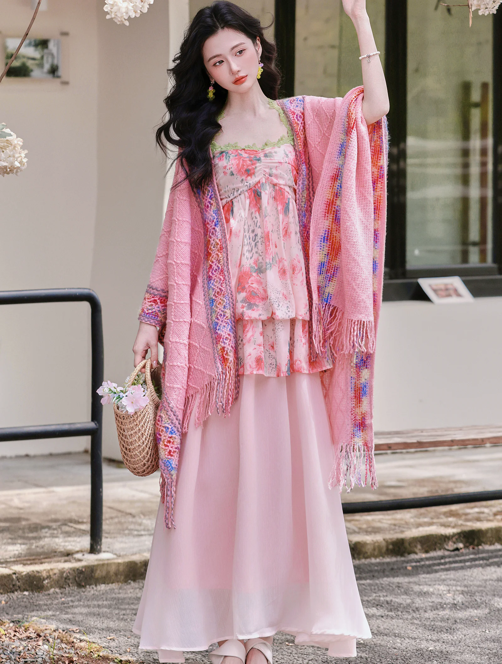Bohemian Pink Watercolor Floral Print Slip Dress with Fringed Shawl Set03 Bohemian Pink Watercolor Floral Print Slip Dress with Fringed Shawl Set03