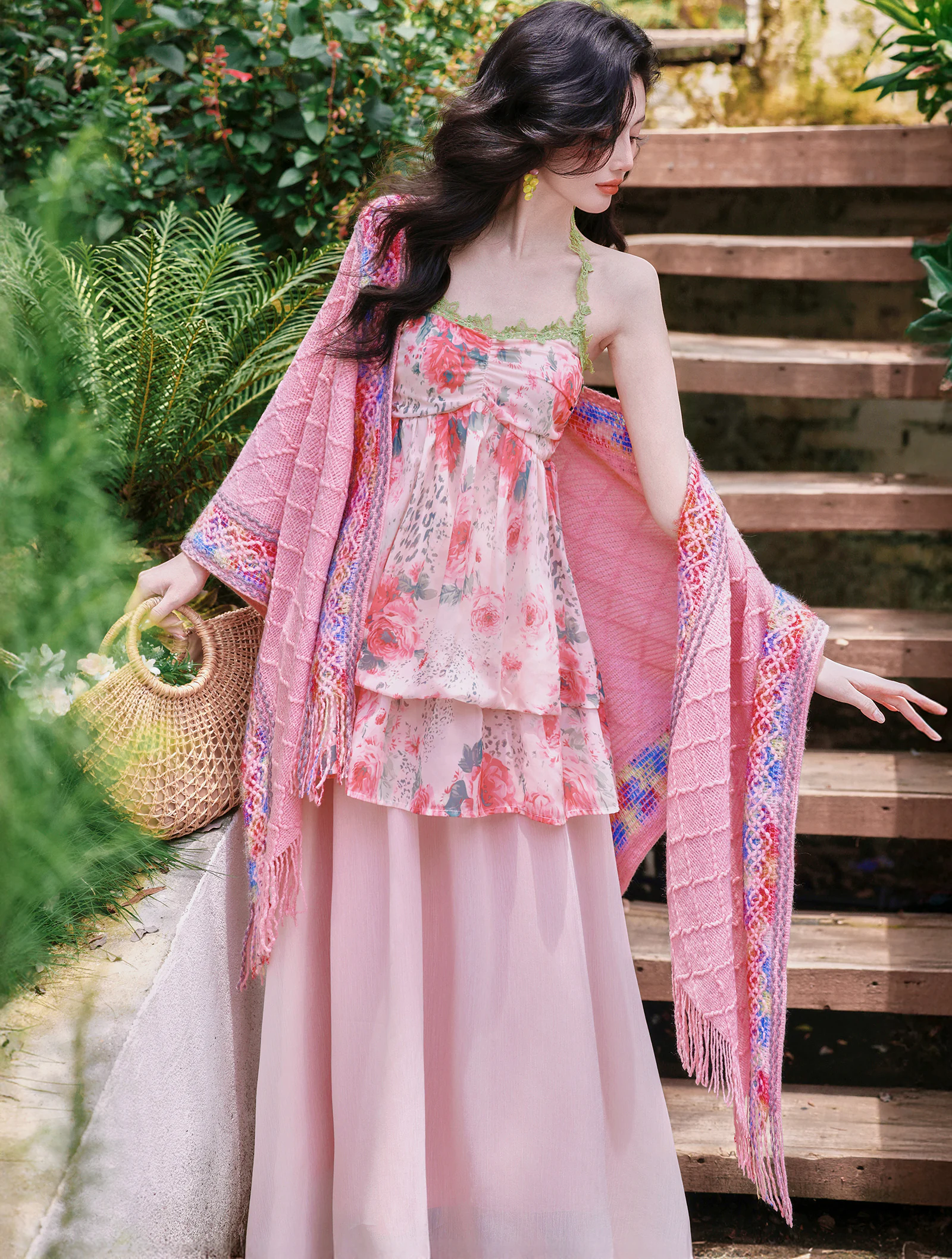 Bohemian Pink Watercolor Floral Print Slip Dress with Fringed Shawl Set04 Bohemian Pink Watercolor Floral Print Slip Dress with Fringed Shawl Set04