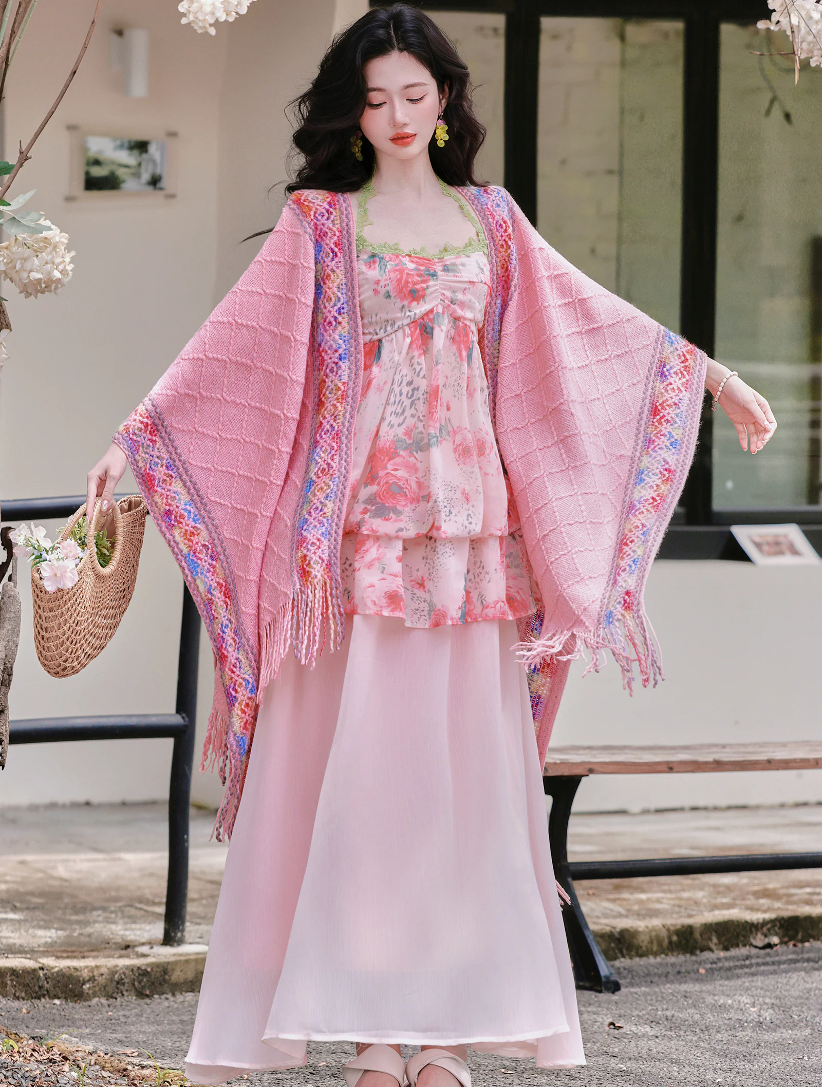 Bohemian Pink Watercolor Floral Print Slip Dress with Fringed Shawl Set05 Bohemian Pink Watercolor Floral Print Slip Dress with Fringed Shawl Set05